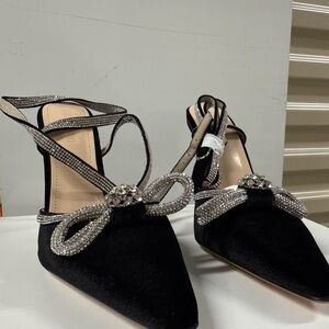 Elegant Black Satin Heels with Rhinestone Bow